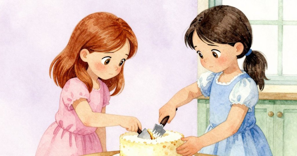 從女孩背後看見蛋糕上偏斜切口，另一女孩遞上幫助，室內溫暖燈光營造驚訝氣氛