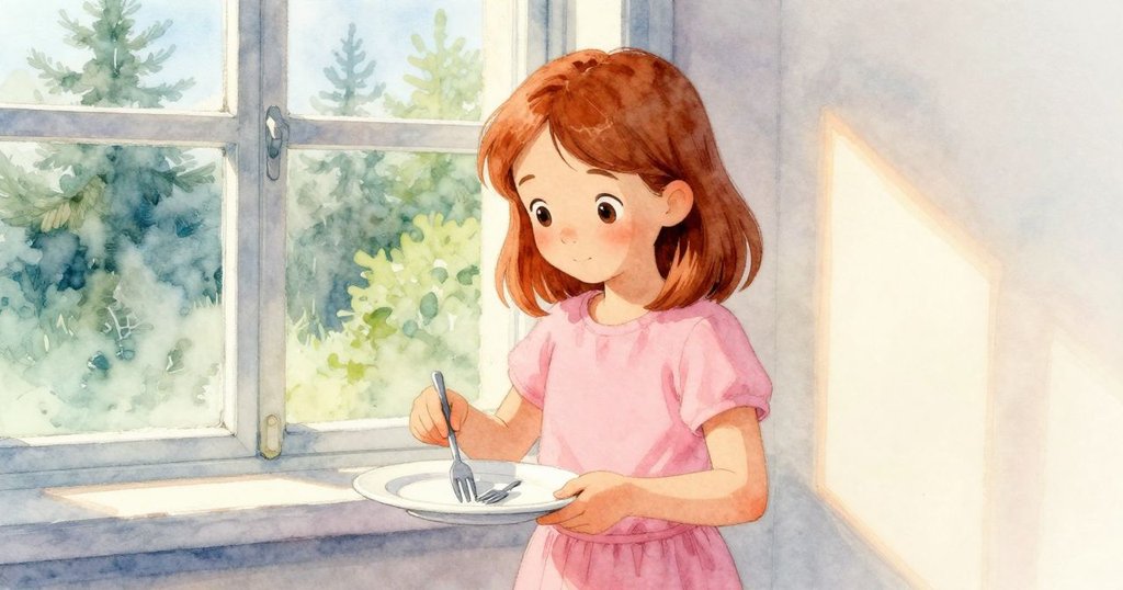 女孩靠近窗邊穩固盤子，透過窗戶灑進溫暖陽光，舉止專注，室內外景交織展現關懷