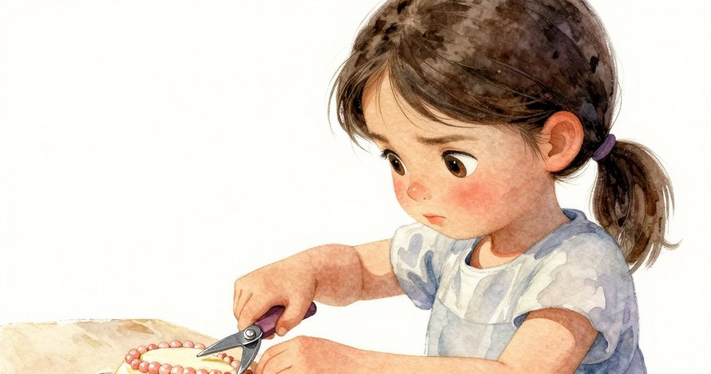 近距離聚焦女孩用拇指調整彎曲刀具，細膩呈現蠟珠推動蛋糕邊緣，表情堅定