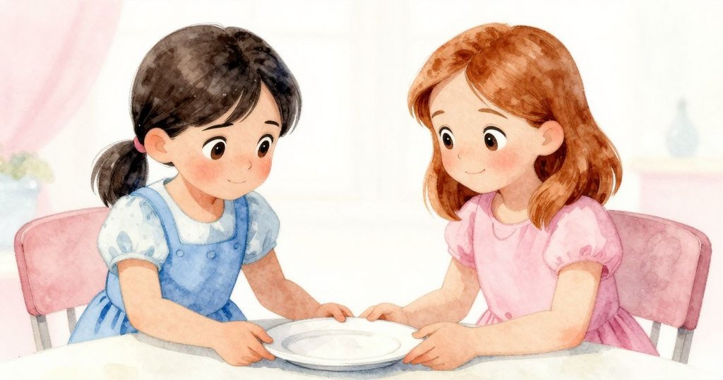 兩女孩在桌前共享成功時刻，一人輕推盤子阻擋糖霜流動，溫馨互動表現默契關懷