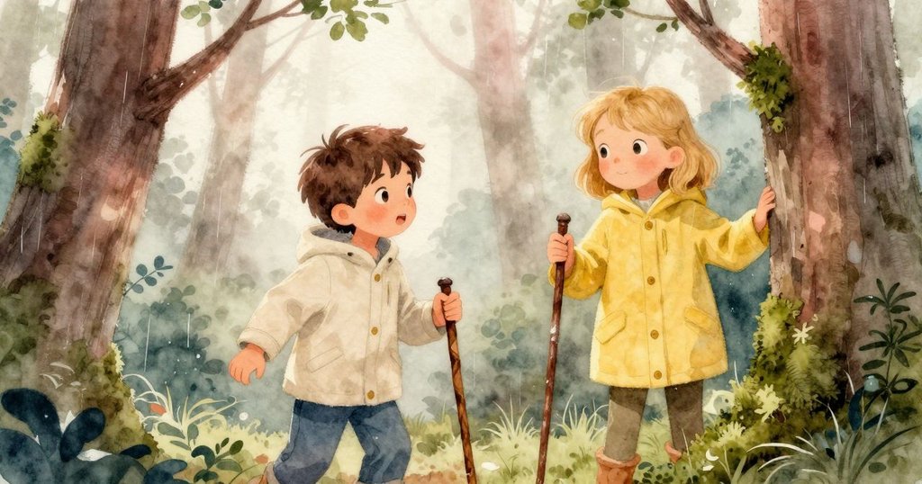 布里特和關穿著雨衣的蓓蓓在濕潤森林裡探查神秘手杖，光影交錯，場景充滿期待與好奇