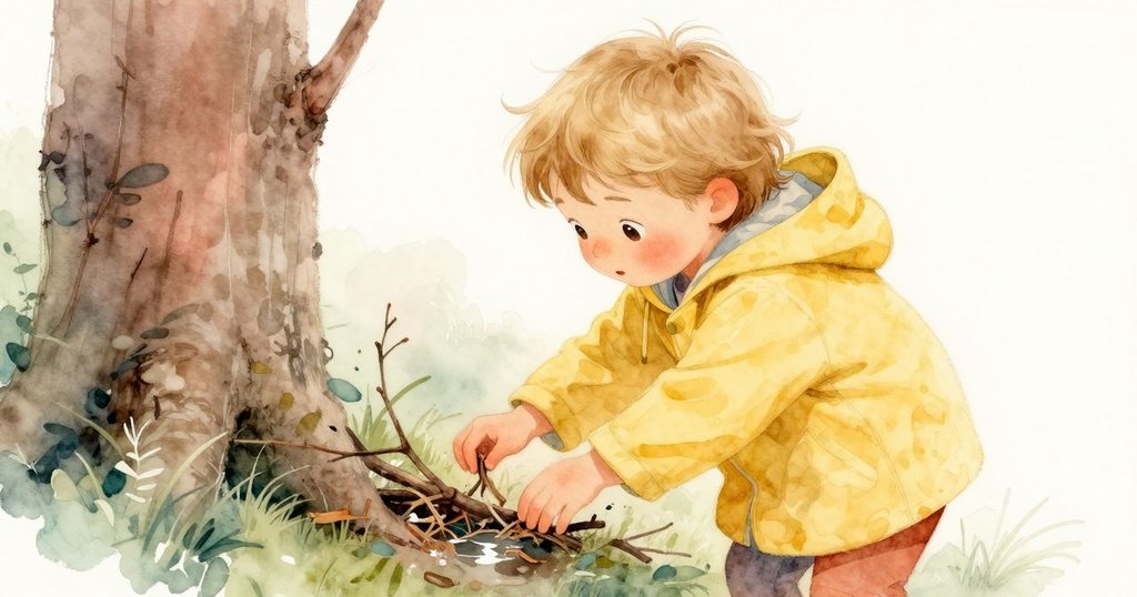 蓓蓓從背後仔細檢查樹枝碎片，輕柔抬起粗壯樹枝，背景中倒映著破碎樹冠與濕潤地面