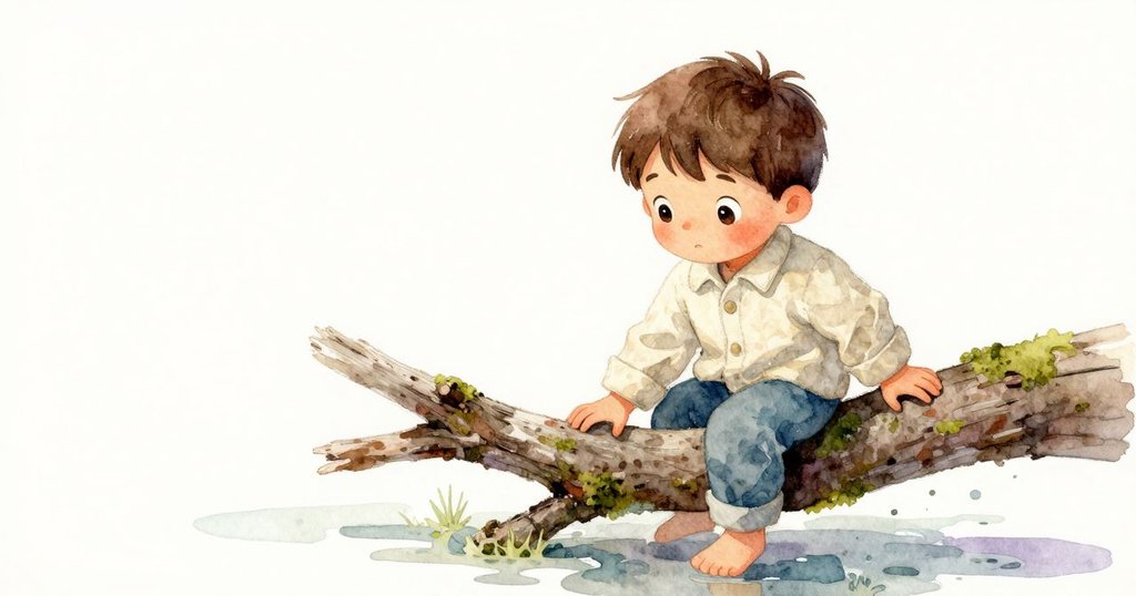 布里特小心擺放樹枝橫跨樹幹，濕潤積水反映破碎樹冠，呈現現實與倒影交織的景象