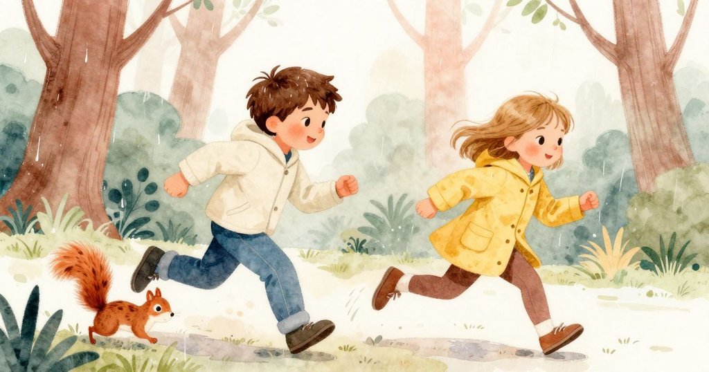 孩子們興奮追逐迅速竄出的松鼠，雨中枝葉滴水，環境充滿活力與歡樂動感