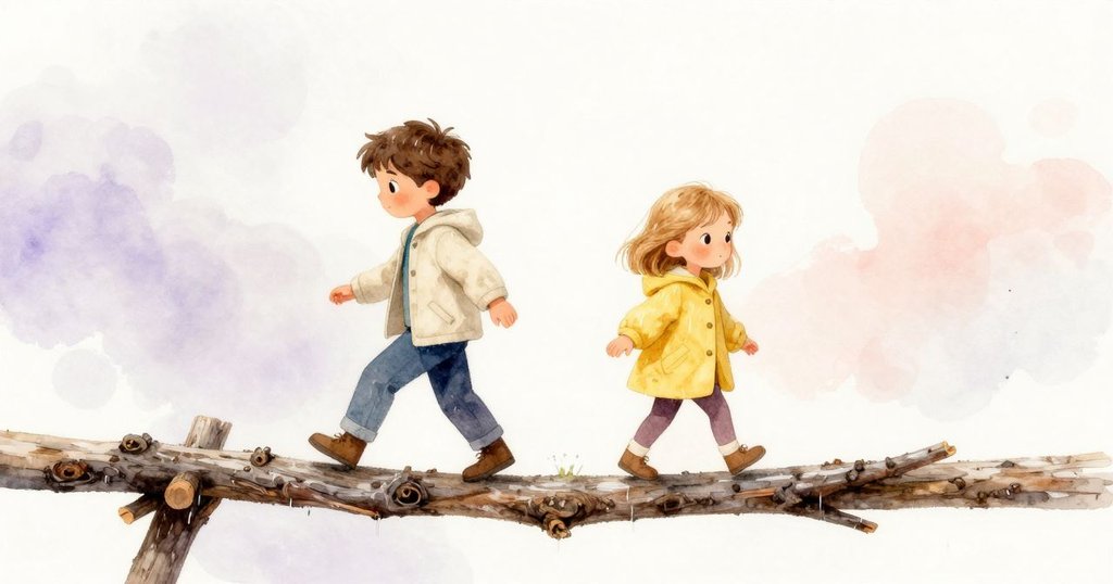 孩子們攜手安全通過樹幹旁狹窄乾燥地帶，布里特架起樹枝橋，雨滴映照環境，充滿完成挑戰的溫馨喜悅