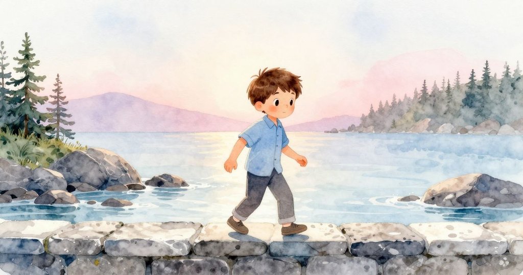 Joel清晨踏上潮邊石階，柔和的光線灑落在濕潤岩面上，展現出期待與神秘的情緒。