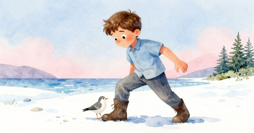 Joel與鳥兒低角度景象呈現，鳥靠近鞋邊發出輕響，背景海邊靜謐，兩者默契共探奧秘。