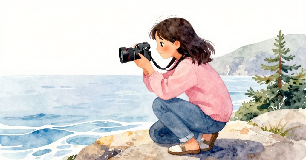 Giselle蹲在觀察石上拍照，專注捕捉海潮與岩縫細微變化，光線溫暖，心中洋溢好奇與感動。