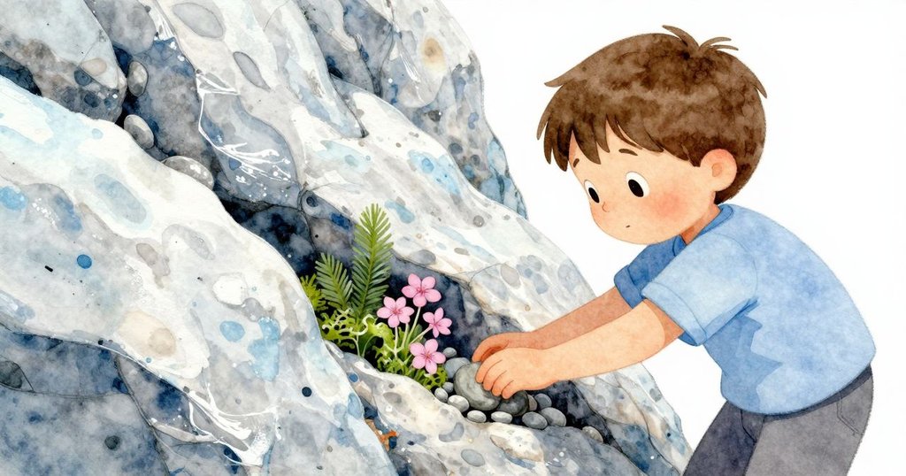 Joel小心放回石頭於裂縫邊，鏡頭近拍展現螺片啃藻瞬間，呈現出修復與寧靜的決定。