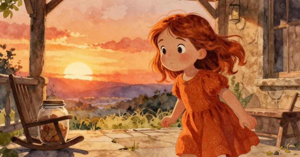 Ruby 在溫暖的石階旁好奇觀察隨風搖晃的玻璃罐,柔和夕陽映出戲劇性光影,充滿探險情懷