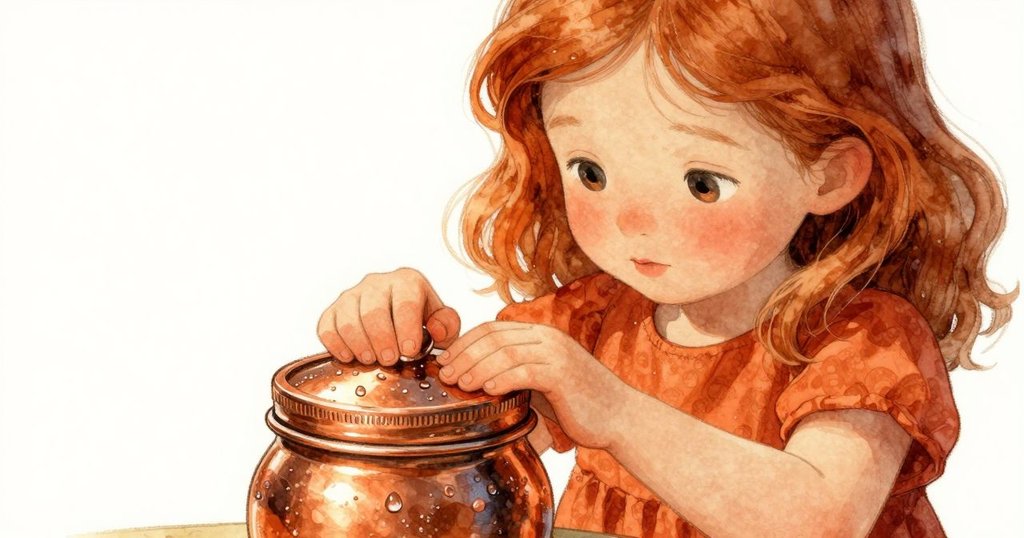 Ruby 仔細操作玻璃罐,用衣角摩擦濕潤金屬蓋,神情專注中流露出驚奇,細部清晰呈現