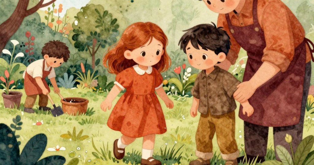 Ruby 踏著露水濕潤的青草前行,前景細呈草葉,背景中Ulric與家長輕鬆整理工具,庭院生機盎然