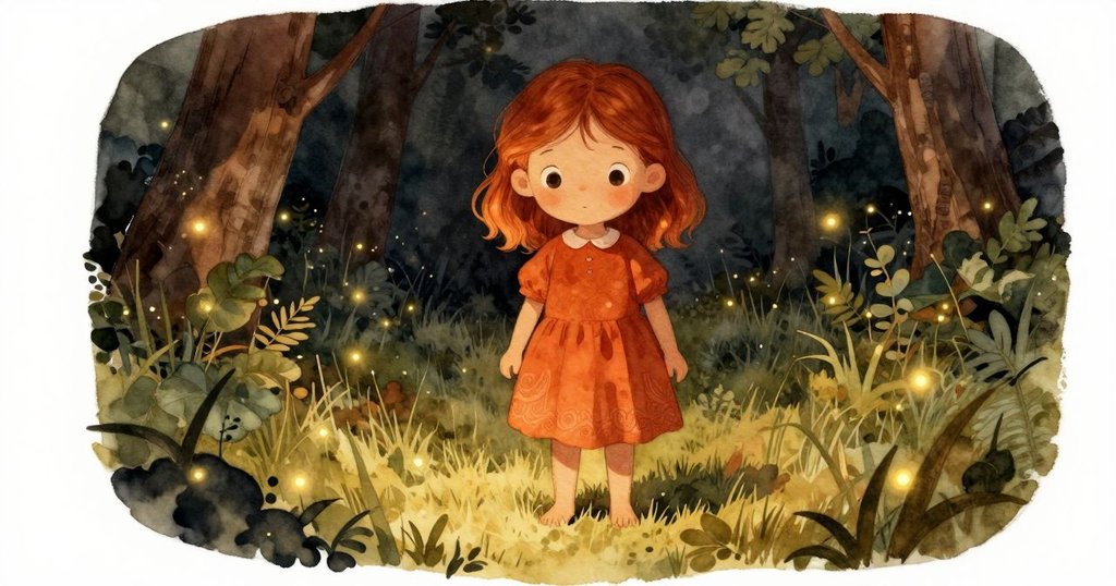 Ruby 在昏暗草坪中央停步,火蟲微光點綴,表情專注中流露抉擇,環境陰影與細節交織