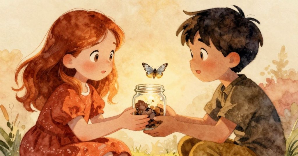 Ruby 微笑著將玻璃罐交給Ulric,罐內銀色蛾子輕舞,兩人眼中流露驚奇,背景燈光柔和神秘