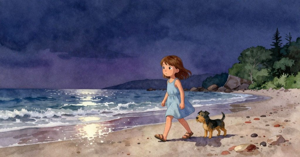 晨光中，Stella踏上濕潤沙灘，旁邊小狗好奇嗅探，海邊寧靜，充滿希望與期待