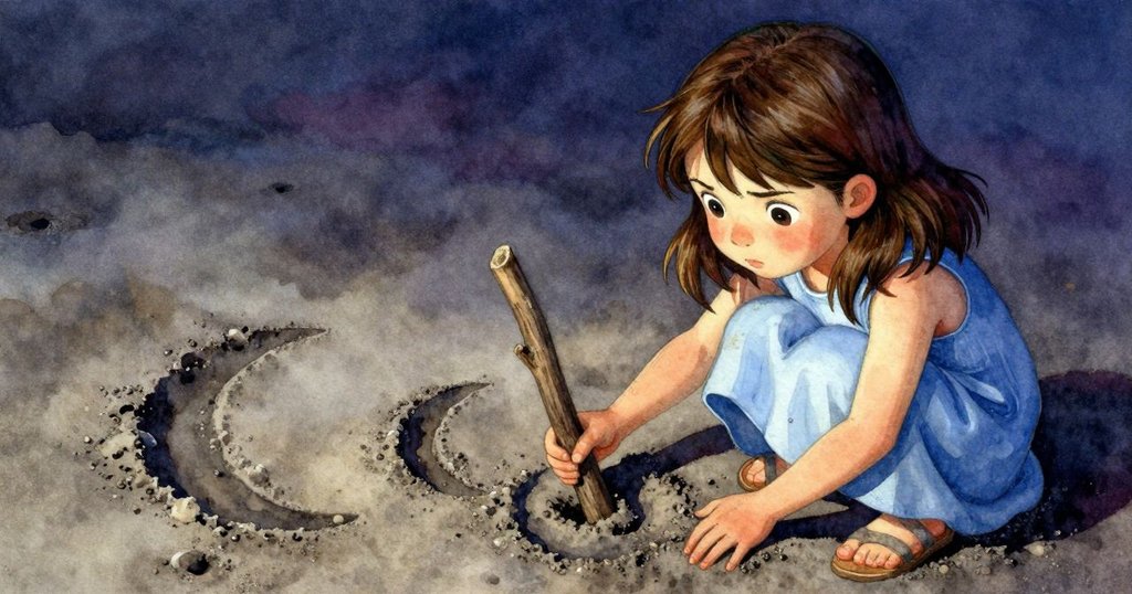 Stella蹲下檢視濕沙中月牙形凹痕，手握木枝，細緻沙面和空白背景中透出專注神情