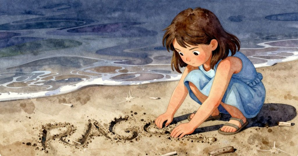 從Stella視角看手持木枝在濕沙上刻痕，水流輕拂，細膩呈現動態與專注