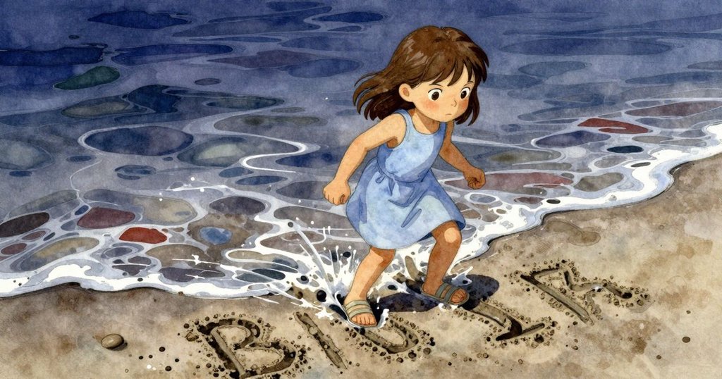 潮水逐漸上升至Stella膝部，部分沙雕被水輕抹，綠色浮游生物閃現，呈現時光流逝感