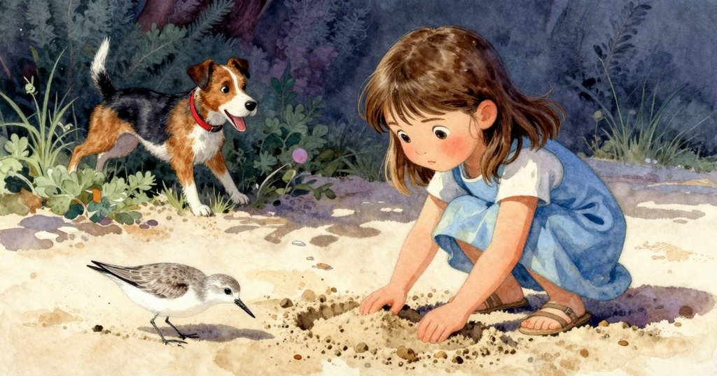 Stella注視沙灘上活潑的鳥兒刻劃新痕，小狗飛奔入灌木，充滿互動與愉悅情緒