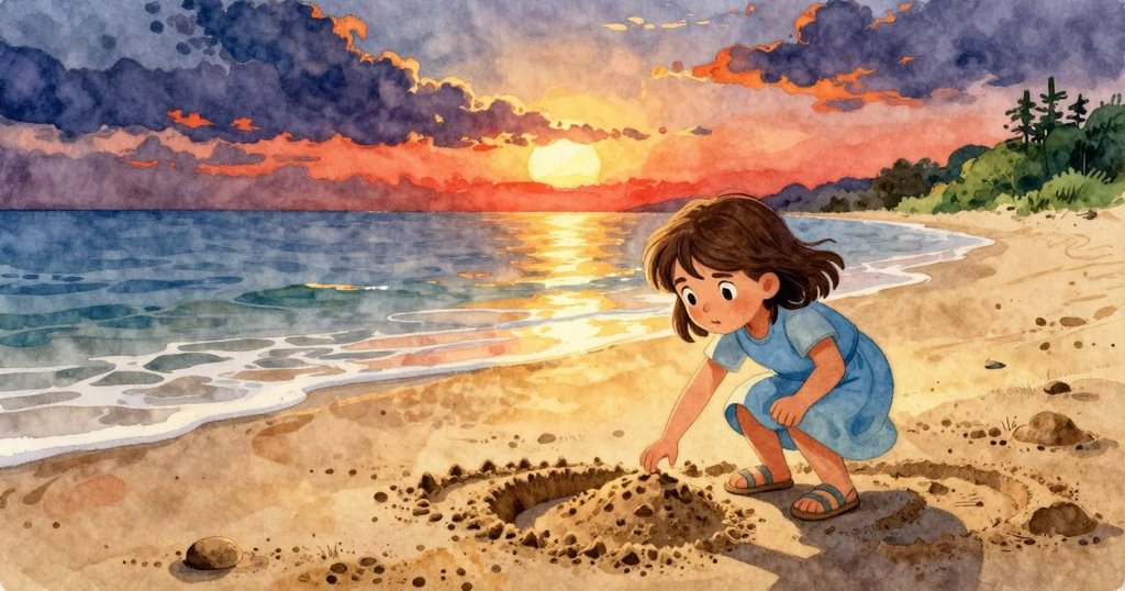 日落時分，Stella退後欣賞沙上月牙圖案，退潮後沙面閃耀，溫暖金光中流露滿足與寧靜