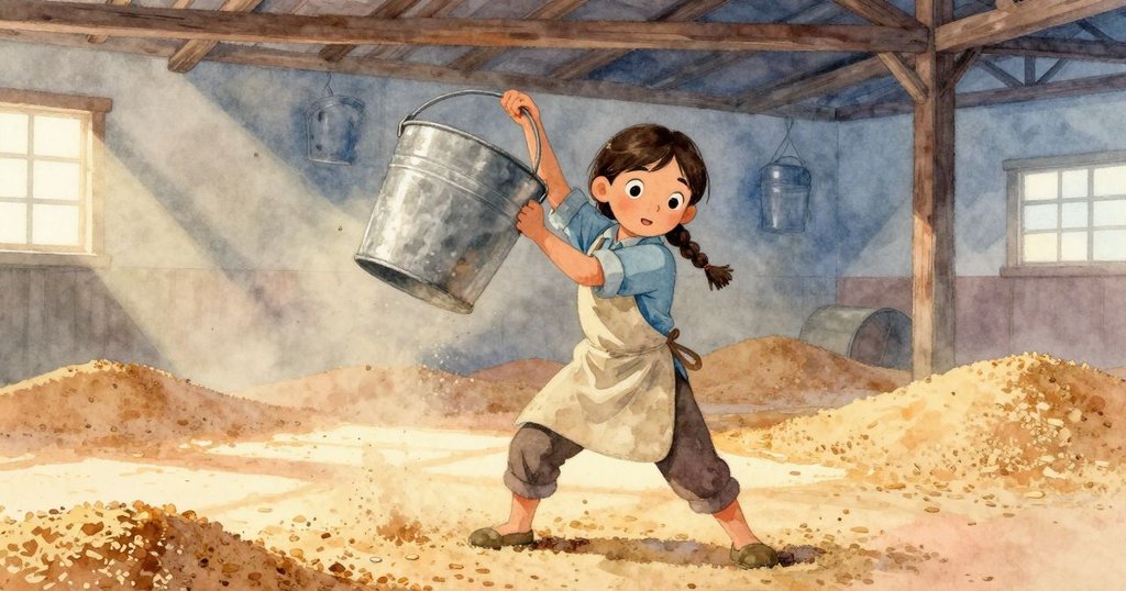 Dina在穀倉中舉起金屬桶，室內灰塵與金色光線交織，她專注而堅定，環境充滿溫暖與活力的早晨場景