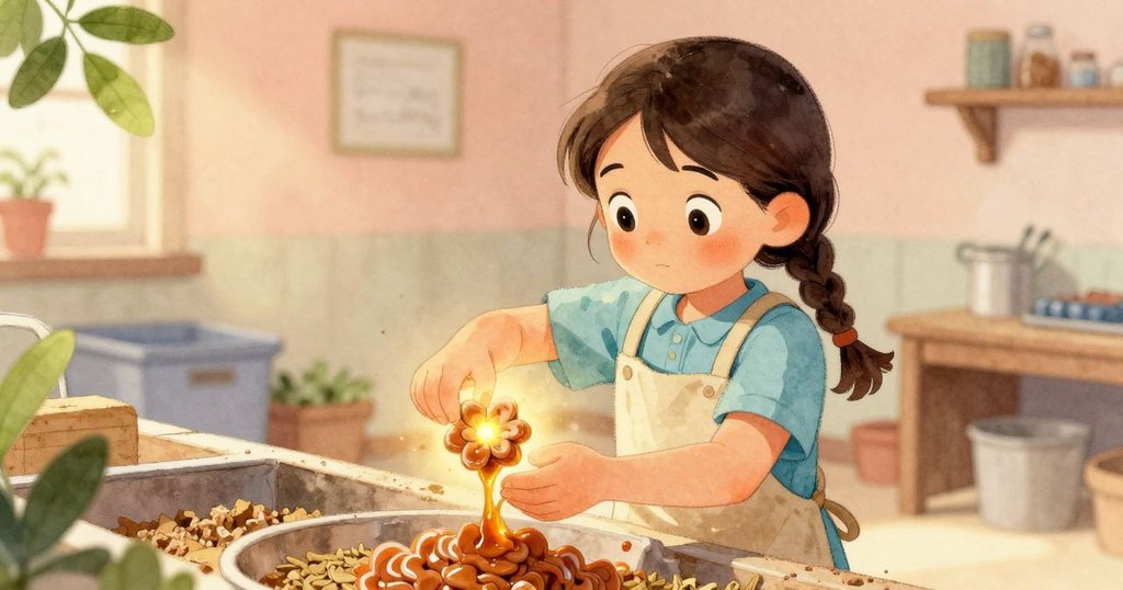 Dina在狹小倉庫中舀起焦糖色穀殼，身旁陶瓷天竺葵散發溫暖光芒，形成柔與剛的美麗對比，充滿生活氣息