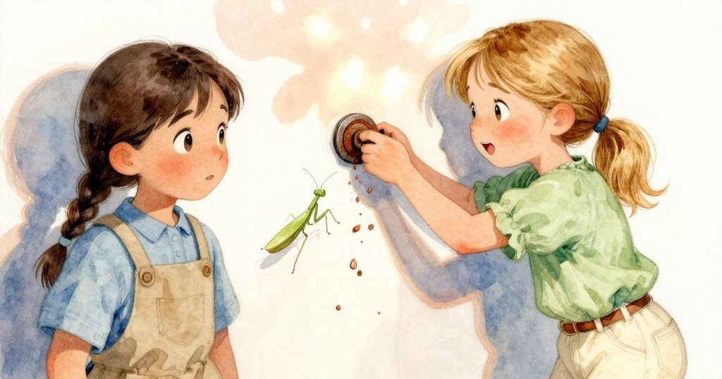 Dina以第一人稱視角，正用力扭動生鏽鎖扣，銅屑飄散，一隻綠色螳螂輕搖，細節豐富充滿緊張氣息