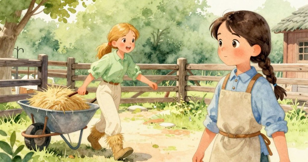 Dina與Liora走向鄉村山羊圈，光線柔和，草稻隨步飛揚，兩人各自忙碌，充滿溫暖與自然氣息