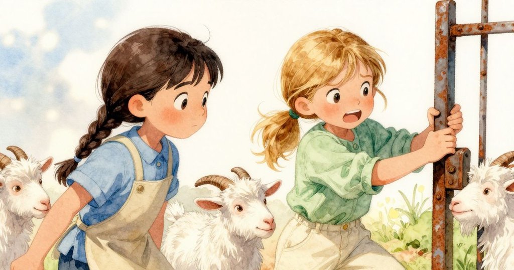 Dina與Liora齊力拉開生鏽大門，兩人神情專注緊張，山羊輕觸角尖，銅屑飛散營造懸疑氛圍，場景充滿張力