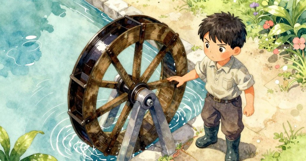 昆恩站在水門前, 花園全景與轉動水車, 水光閃爍, 充滿期待與專注, 展示初始故事場景