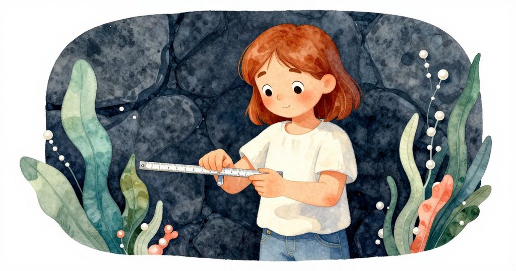 汪達拿著測量尺, 背景為暗石和流水, 表情認真, 展示關鍵進度, 敘事進入轉折點