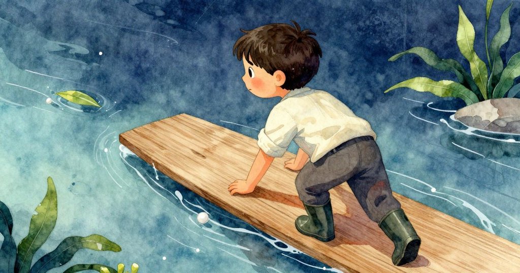 昆恩從背後推濕潤隆起的木板, 手部緊握凹槽, 水流與漂浮葉子營造動感, 呈現集中力量的瞬間