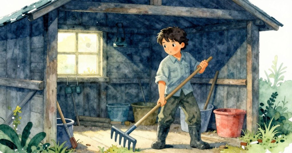 昆恩在工具間中動作, 使用長柄耙子清理堆積葉子, 木質陳設與溫暖光線營造出溫馨情境, 呈現轉折時刻