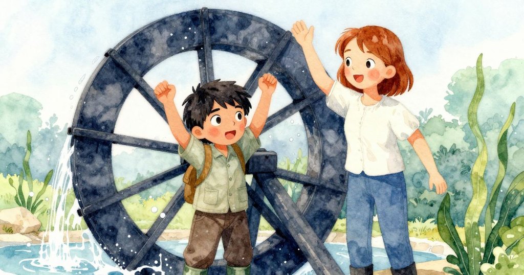 昆恩與汪達在穩定水車前歡慶, 陽光照耀下水滴閃爍, 彼此共享成功與喜悅, 展現故事高潮感