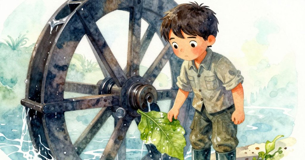 昆恩靜靜觀察水車旁濕潤葉子, 細節呈現自然循環, 柔和光線營造沉思情境, 故事圓滿收尾