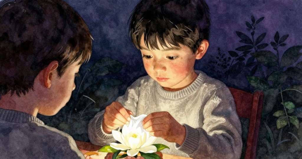 從背後看Zephyr細心摺疊紙張圍繞著發光庭園花，專注工序在聚光燈下展現動作細節。