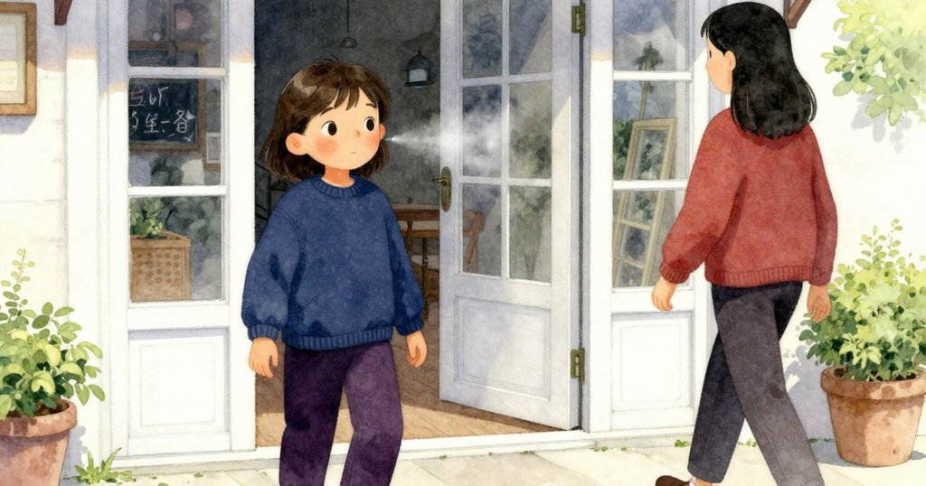 外部入口處家長漫步於卡片旁，玻璃透入陽光與噴霧微光互動，黑板記錄著事件，充滿神秘與溫暖光影。