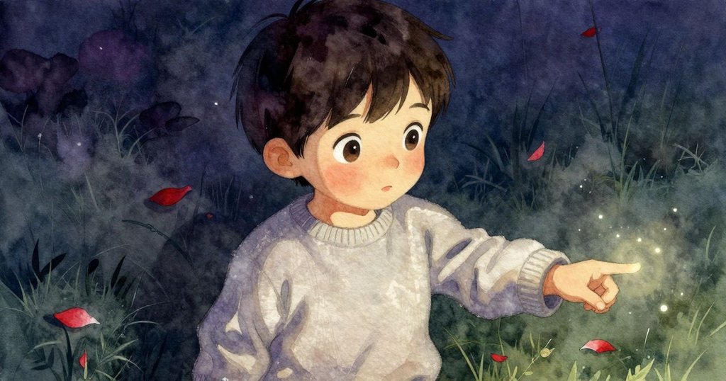 Zephyr驚喜地指向微光花瓣輕漂水潭上，細節光影柔和，表現出花瓣纖細與靜謐美感。