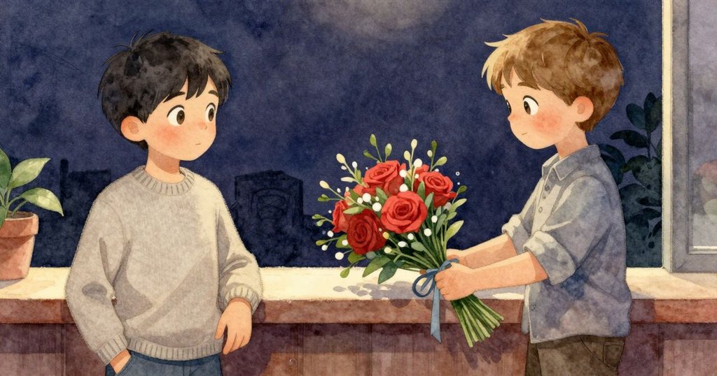 Zephyr與Wyatt對完美花束露出滿足神情，花束包裝整齊、絲帶環繞，微光落花增添細膩詩意，故事續行暗示延伸。