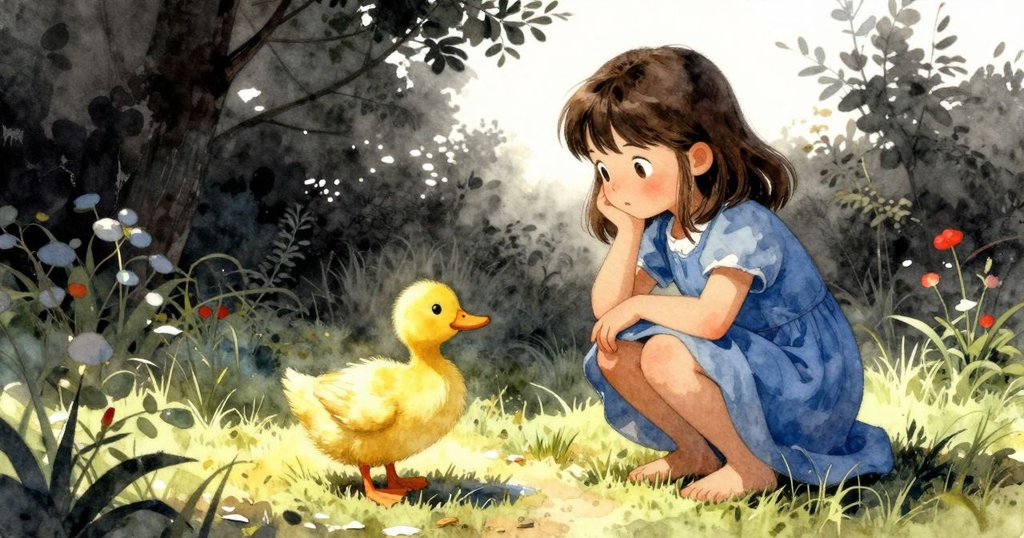 在清晨花園中,Gwen俯身靠近水盆,旁有黃色鴨子,神情期待,展現新的開始與柔和晨光。