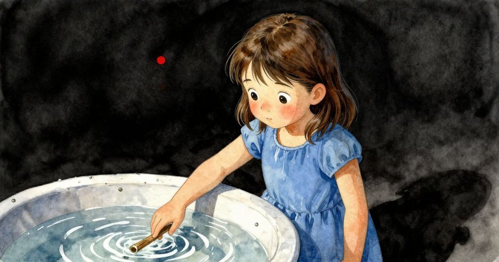 Gwen輕觸水盆邊緣,水面上閃爍著小漣漪,金屬邊緣映出光芒,畫面充滿靜謐專注感。