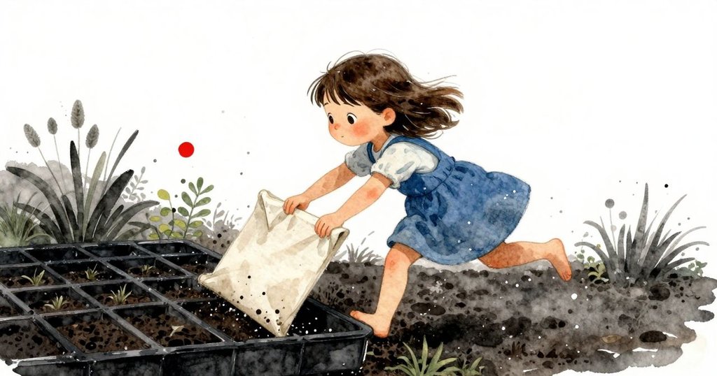 Gwen急奔至種子盤前,用畫布遮蓋濕潤土地,雨點輕打在草地上,充滿緊迫與果斷。