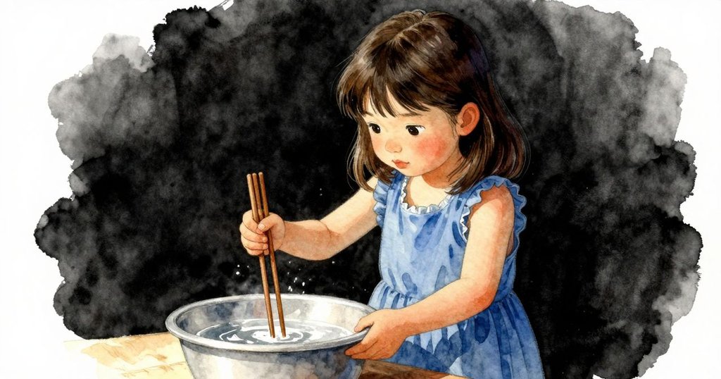 Gwen回到水盆前,專注用筷子攪動水面,展現精細技法,動作輕柔而穩定,氣氛清冷。