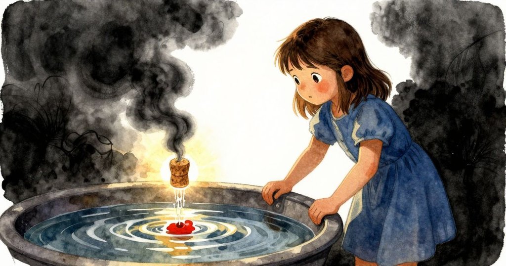 黃昏時分,水盆映出柔和天空,軟木塞高躍,Gwen滿臉喜悅,欣賞精心調控的成果,充滿溫暖與寧靜。