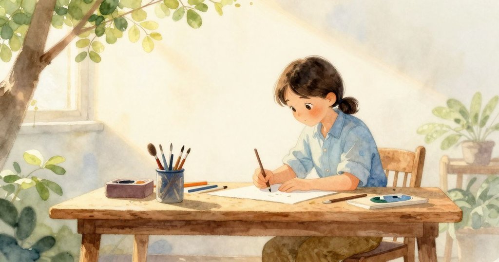 在溫暖藝術工作室中，Neve坐於木桌前認真準備創作工具，柔和光線映照四周，展現寧靜與期待。