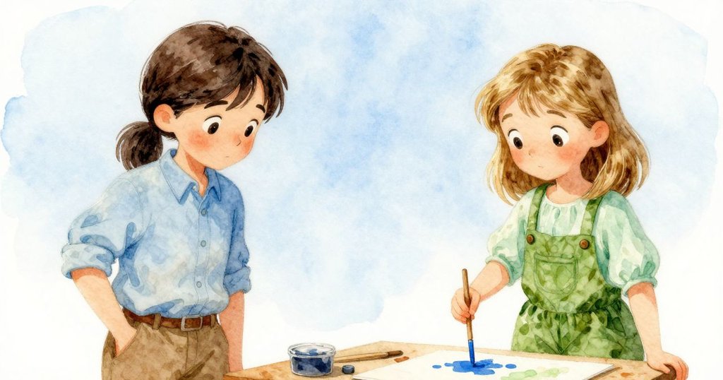 從低視角看藝術桌，Neve攪動藍色顏料，Sian熱情指示，旁有小松鼠般生物好奇窺視，氣氛生動。