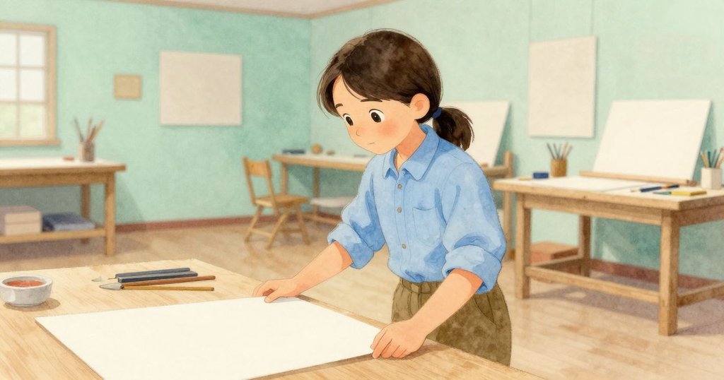 Neve在準備室中輕放新紙，環繞著懸掛圍裙與晾乾作畫紙，室內整齊有序，呈現創作寧靜感。