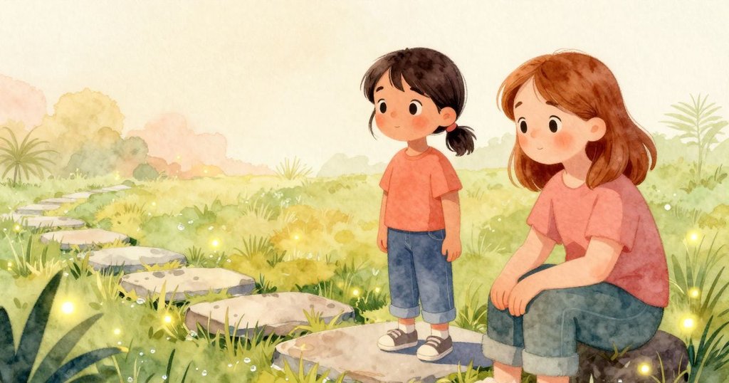 Hadley 透過第一視角觀看閃爍的螢火蟲,露珠草地與石板鋪成自然光影之路