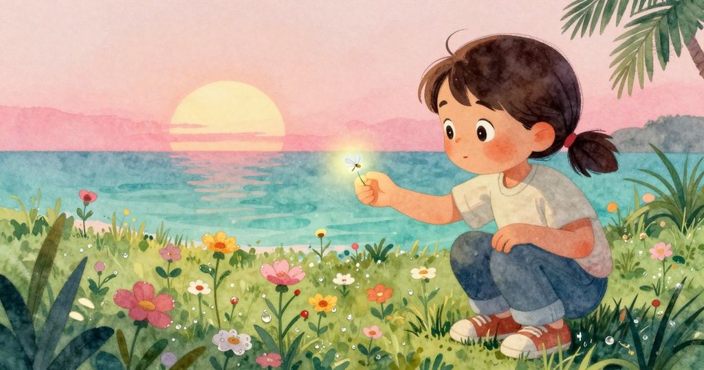 Hadley 小心翼翼以雙手捕捉發光螢火蟲,野花與露珠猶如水底閃耀,展現奇妙瞬間