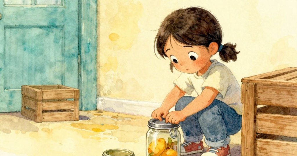 Hadley 表情堅定努力關著濕滑瓶蓋,旁邊木箱與門廊光影映襯,呈現關鍵時刻